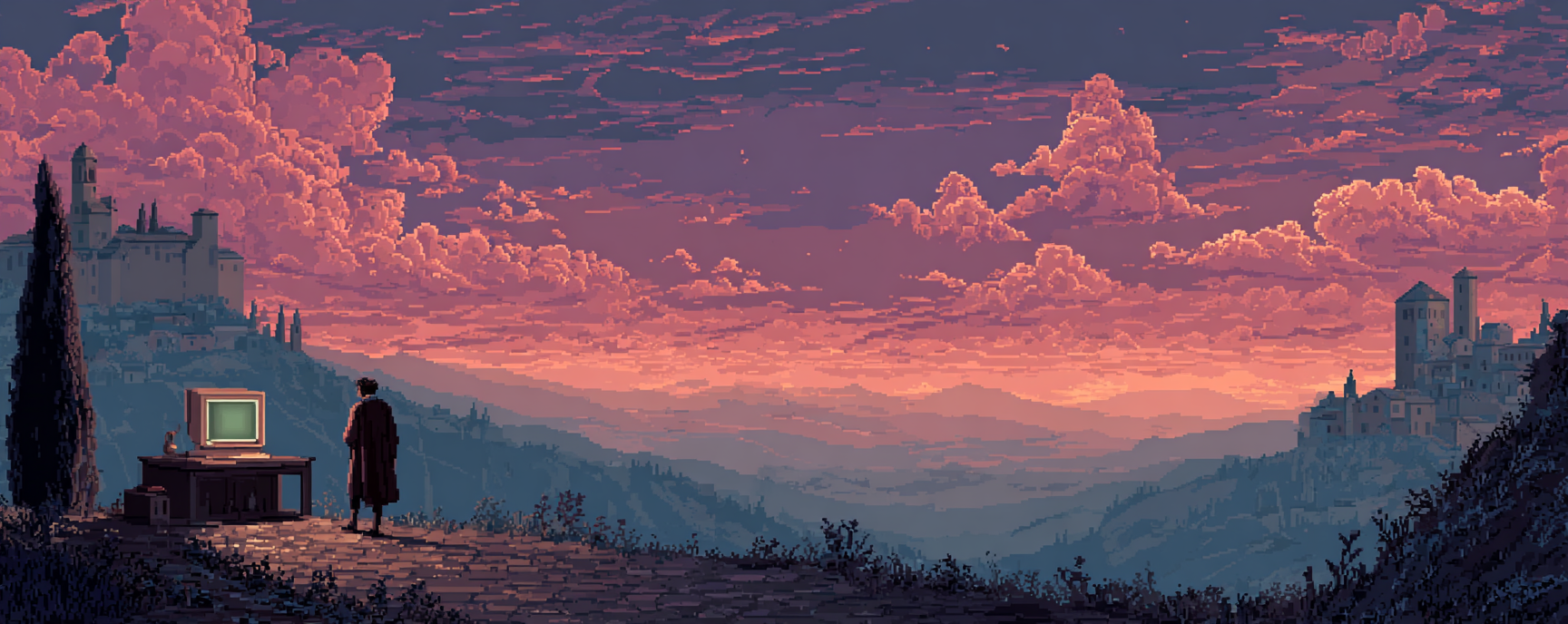 Pixel art landscape: a figure stands between an old computer and distant castles under a pink sky